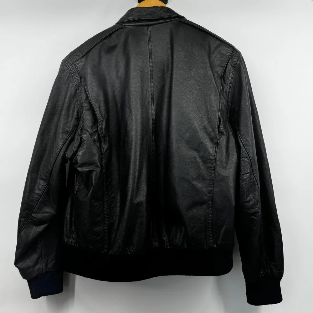 Vintage 100% Genuine Black Leather‎ Bomber Jacket Faux Fur Lined Men Sz 42 Large